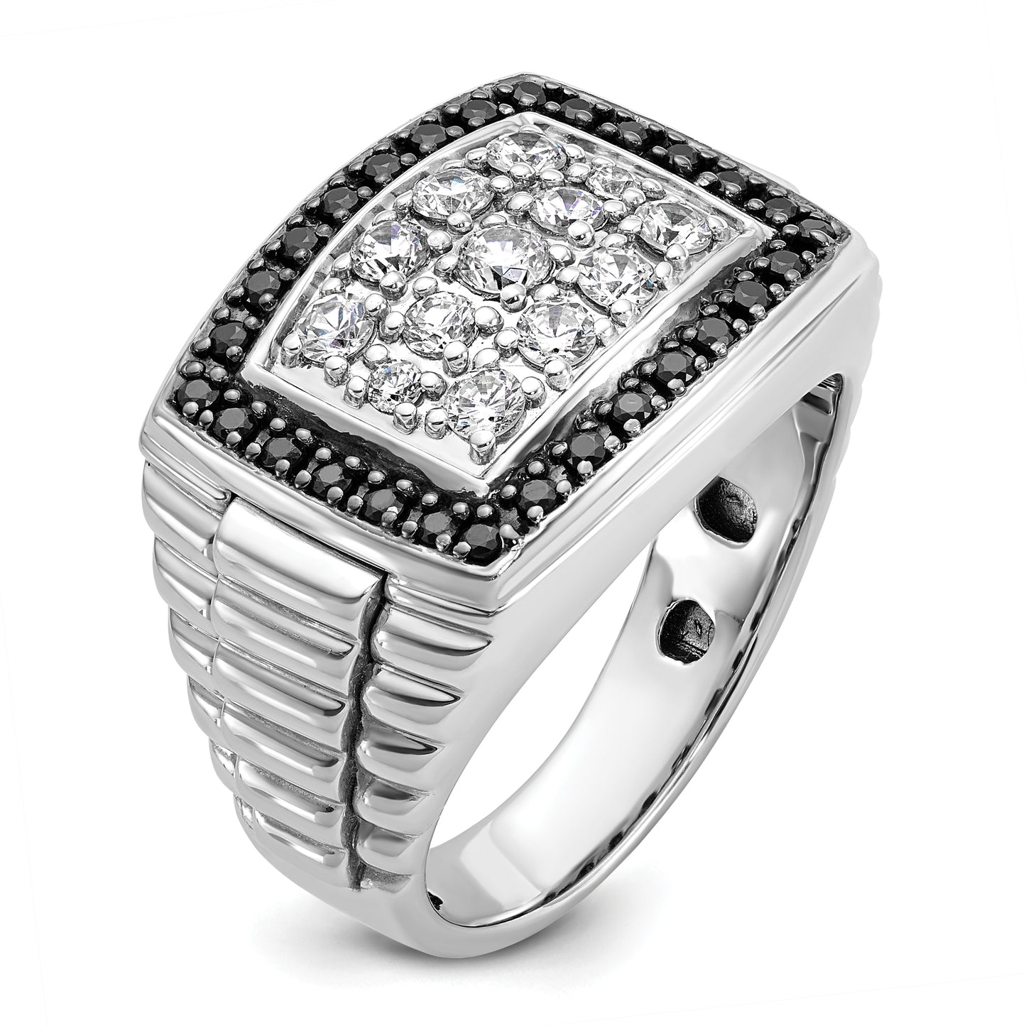 14k White Gold 1 Ct. Lab Grown Diamond VS/SI+ G+ and Black Mined Diamond Cluster Men's Ring