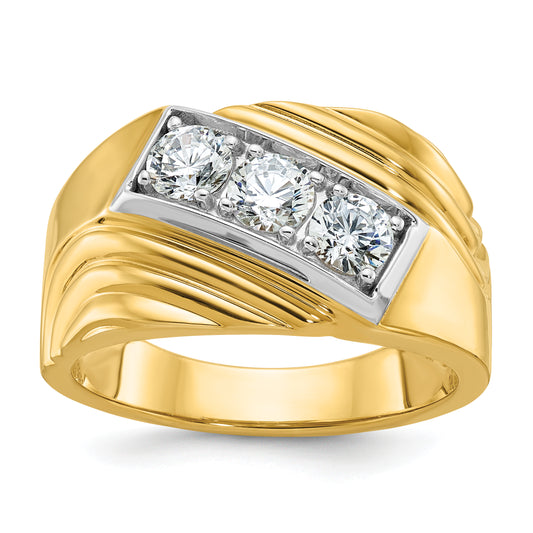 14k Yellow & Rhodium with White 1 Ct. Lab Grown Diamond VS/SI+ G+ Polished and Grooved Three Stone Men's Ring