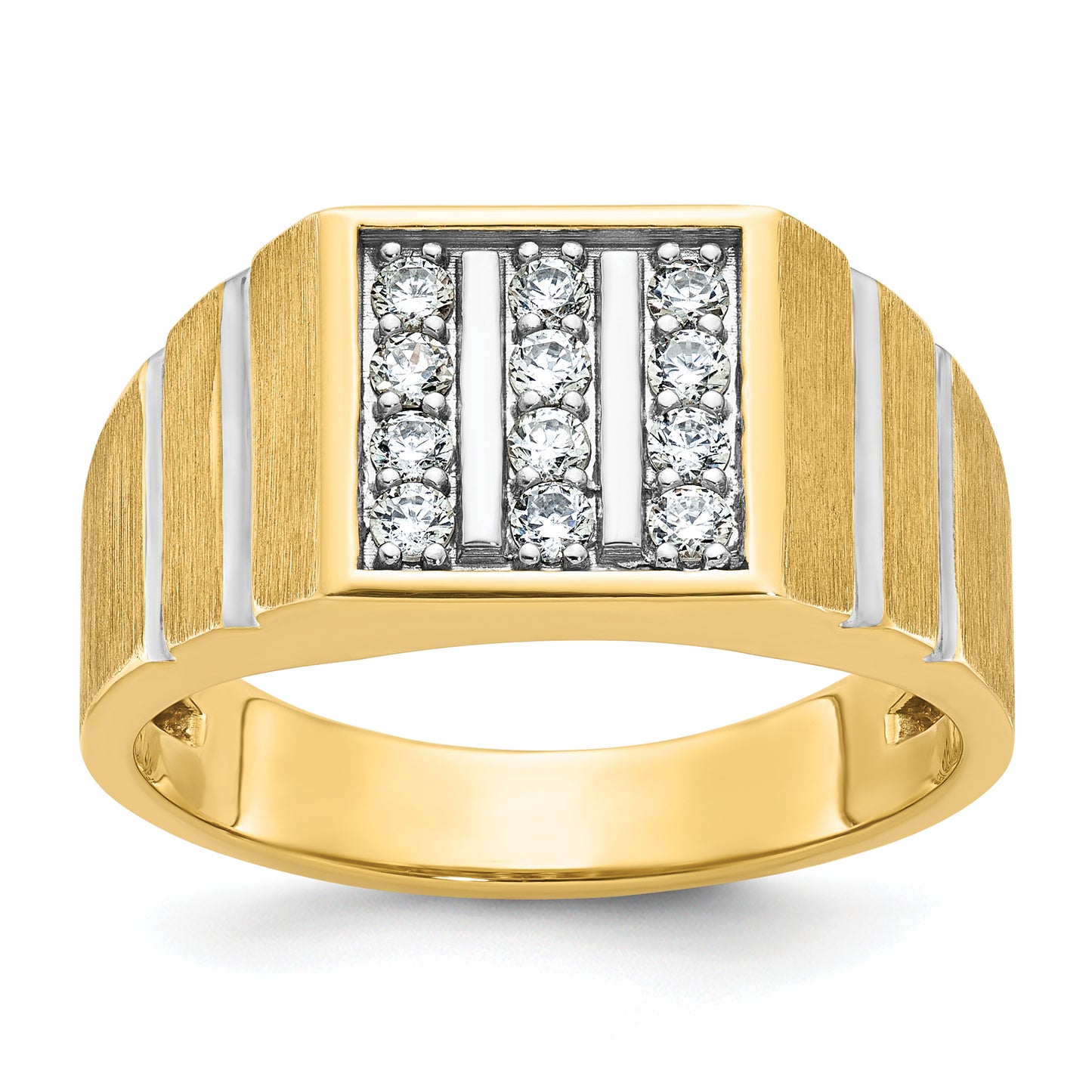 10k Yellow Gold with White Rhodium 1/3 Ct. Lab Grown Diamond VS/SI+ G+ Polished Satin and Grooved Three Row Men's Cluster Ring