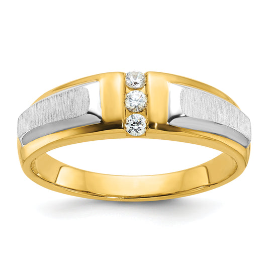 14k Two-tone Two Tone 1/8 Ct. Lab Grown Diamond VS/SI+ G+ Polished and Satin Men's Three Stone Ring