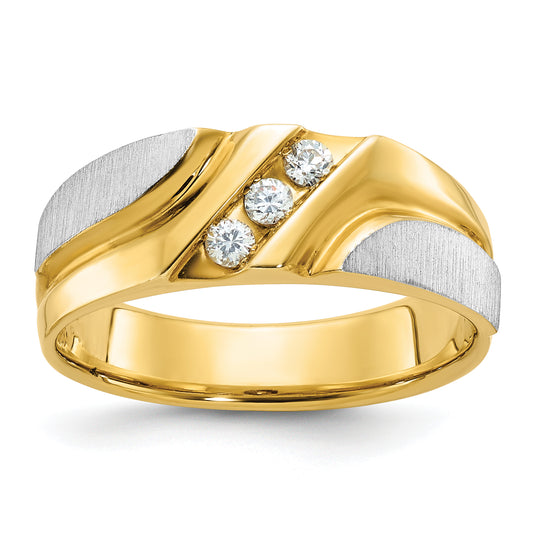 14k Two-tone Two Tone 1/6 Ct. Lab Grown Diamond VS/SI+ G+ Polished Satin and Grooved Men's Ring