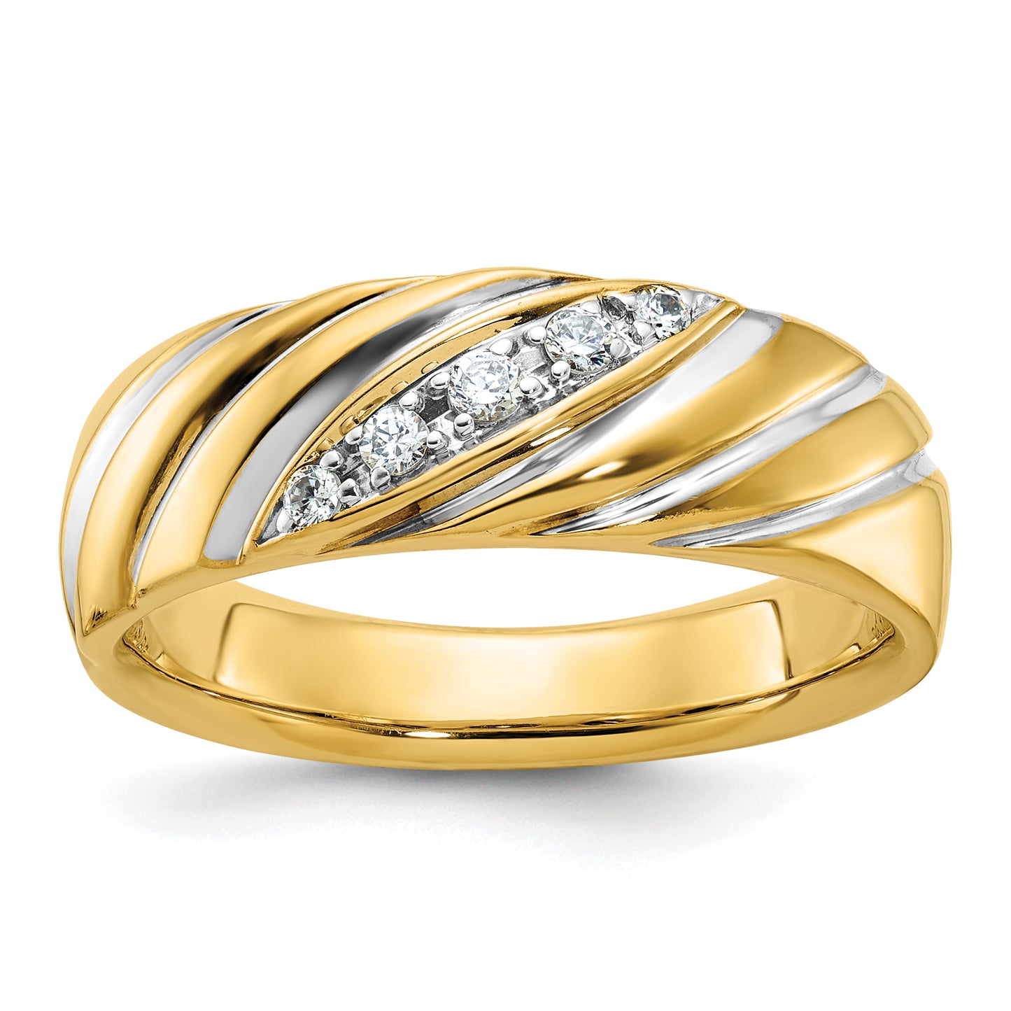 14k Yellow & Rhodium with White 1/6 Ct. Lab Grown Diamond VS/SI+ G+ Polished and Grooved Men's Ring