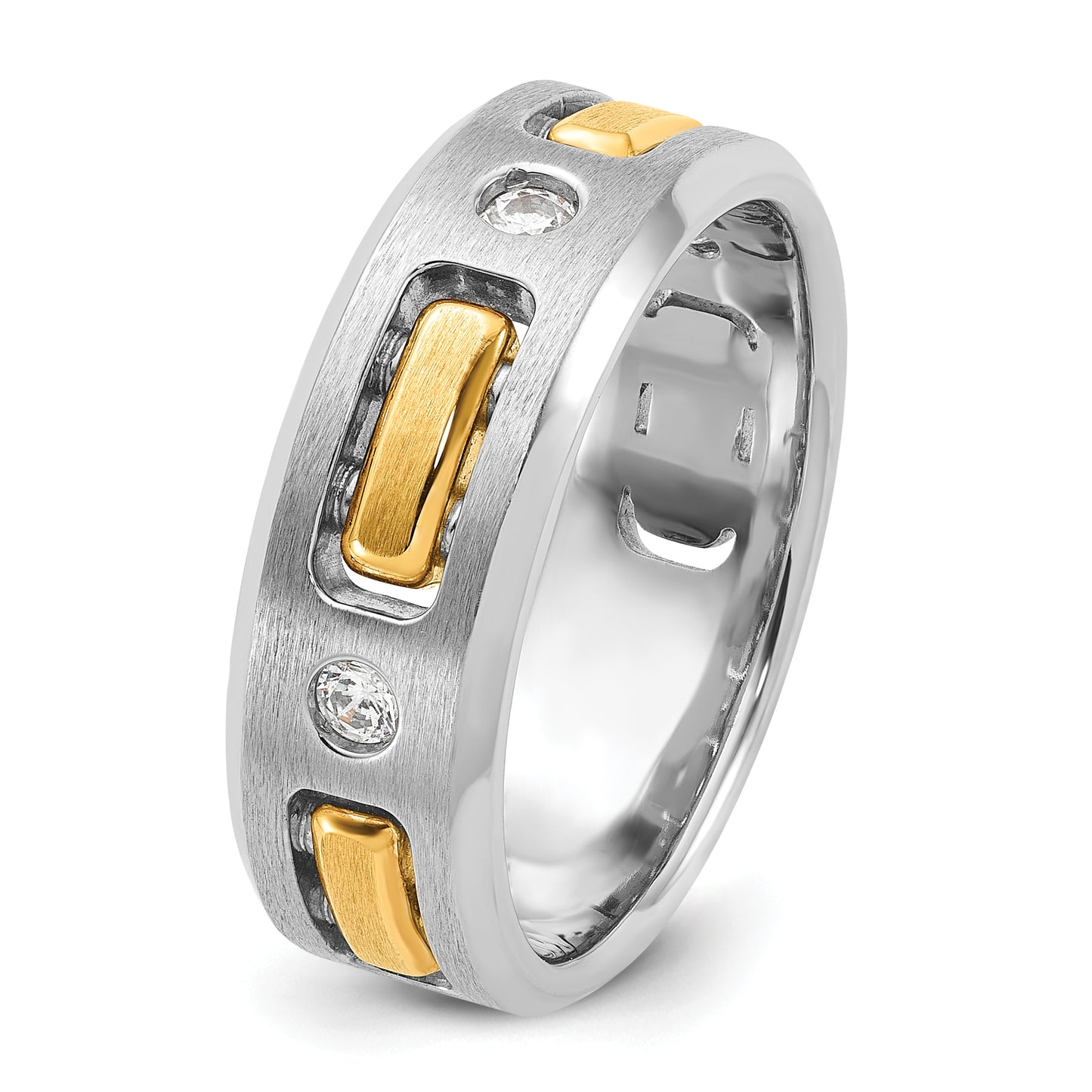 14k Two-Tone 1/6 Ct. Lab Grown Diamond VS/SI+ G+ Polished and Satin Cut-Out Three Stone Men's Ring