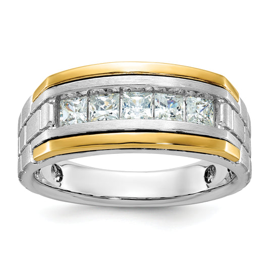 14k Two-tone Two Tone 1 Ct. Lab Grown Diamond VS/SI+ G+ Five Stone Polished Satin and Grooved Men's Ring