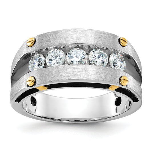 14k Two-tone Two Tone with Black Rhodium 1 Ct. Lab Grown Diamond VS/SI+ G+ Five Stone Polished Satin and Grooved Men's Ring