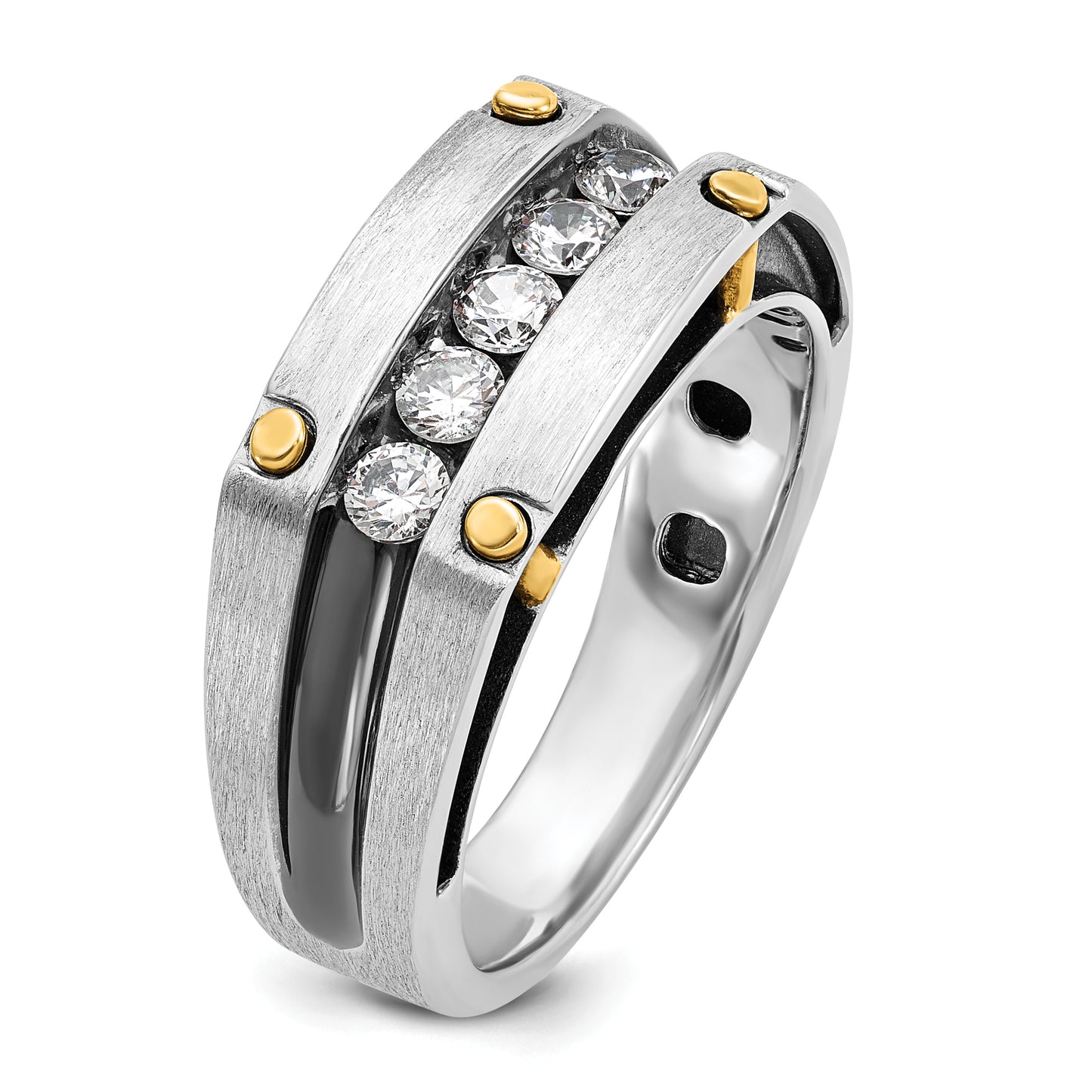 14k Two-tone Two Tone with Black Rhodium 1/2 Ct. Lab Grown Diamond VS/SI+ G+ Five Stone Polished Satin and Grooved Men's Ring