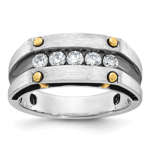 14k Two-tone Two Tone with Black Rhodium 1/2 Ct. Lab Grown Diamond VS/SI+ G+ Five Stone Polished Satin and Grooved Men's Ring