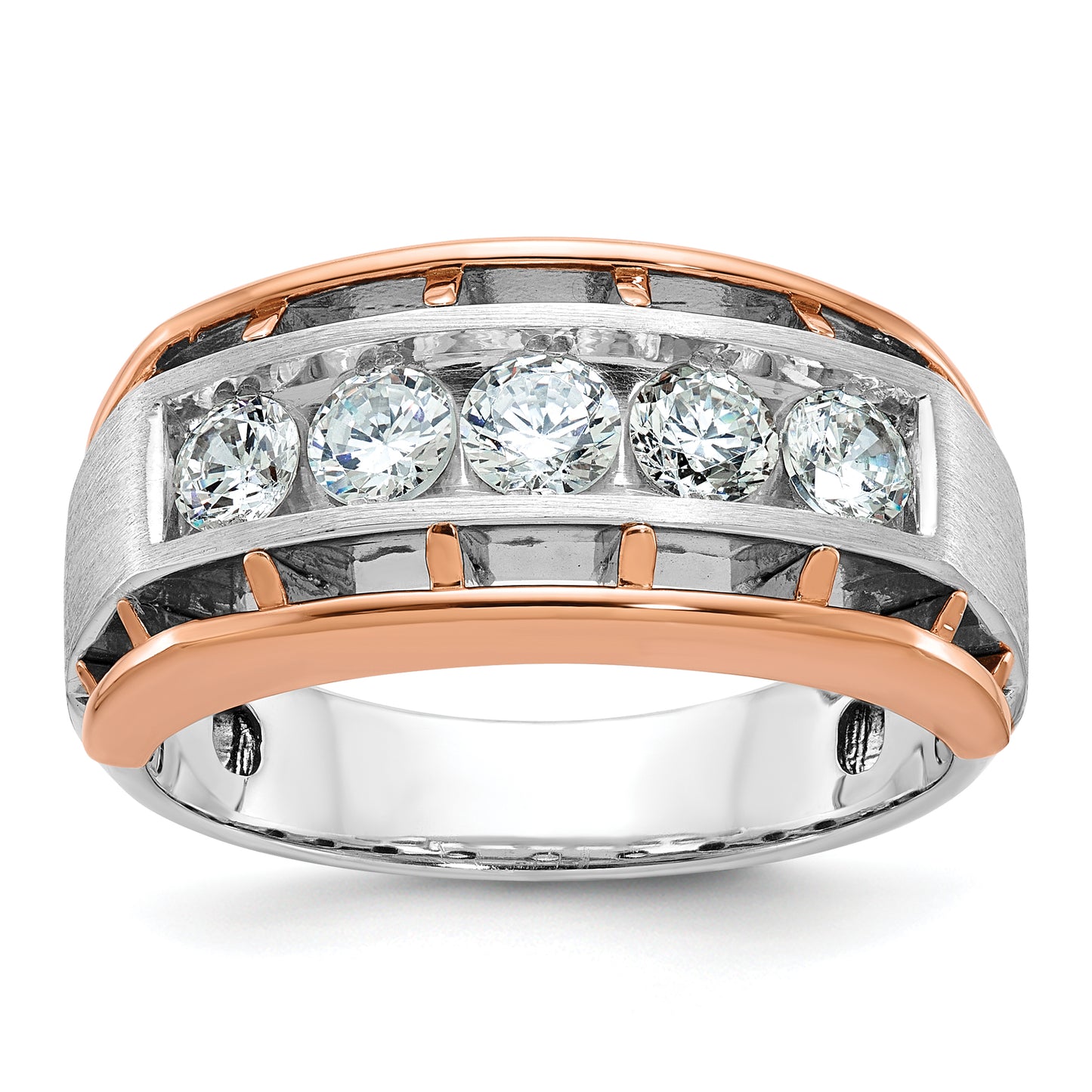 14K White/Rose Gold Two Tone Rose and White 1 Ct. Lab Grown Diamond VS/SI+ G+ Satin Five Stone Cut Out Men's Ring