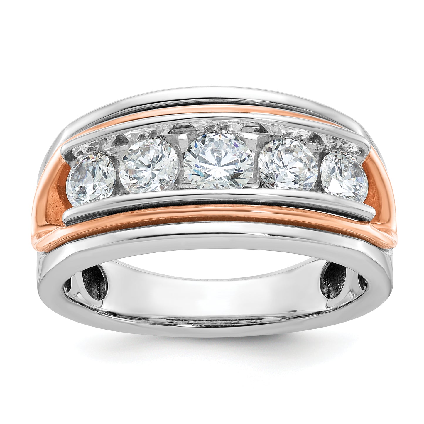 14K White/Rose Gold Two Tone Rose and White 1 1/2 Ct. Lab Grown Diamond VS/SI+ G+ Five Stone Cut Out Men's Ring