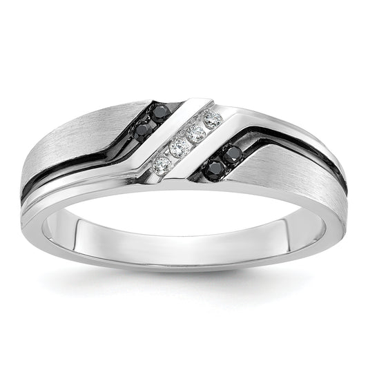 14k White Gold 1/8 Ct. Lab Grown Diamond VS/SI+ G+ and 1/8 Ct. Black Mined Diamonds Polished Satin and Grooved Men's Ring