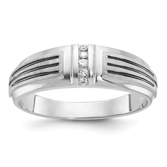 14k White Gold with Black Rhodium 1/20 Ct. Lab Grown Diamond VS/SI+ G+ Polished Satin and Grooved Five Stone Men's Ring