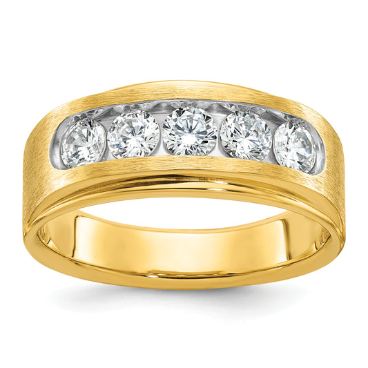 14k Yellow Gold with White Rhodium 1 Ct. Lab Grown Diamond VS/SI+ G+ Five Stone Polished and Brushed Men's Ring