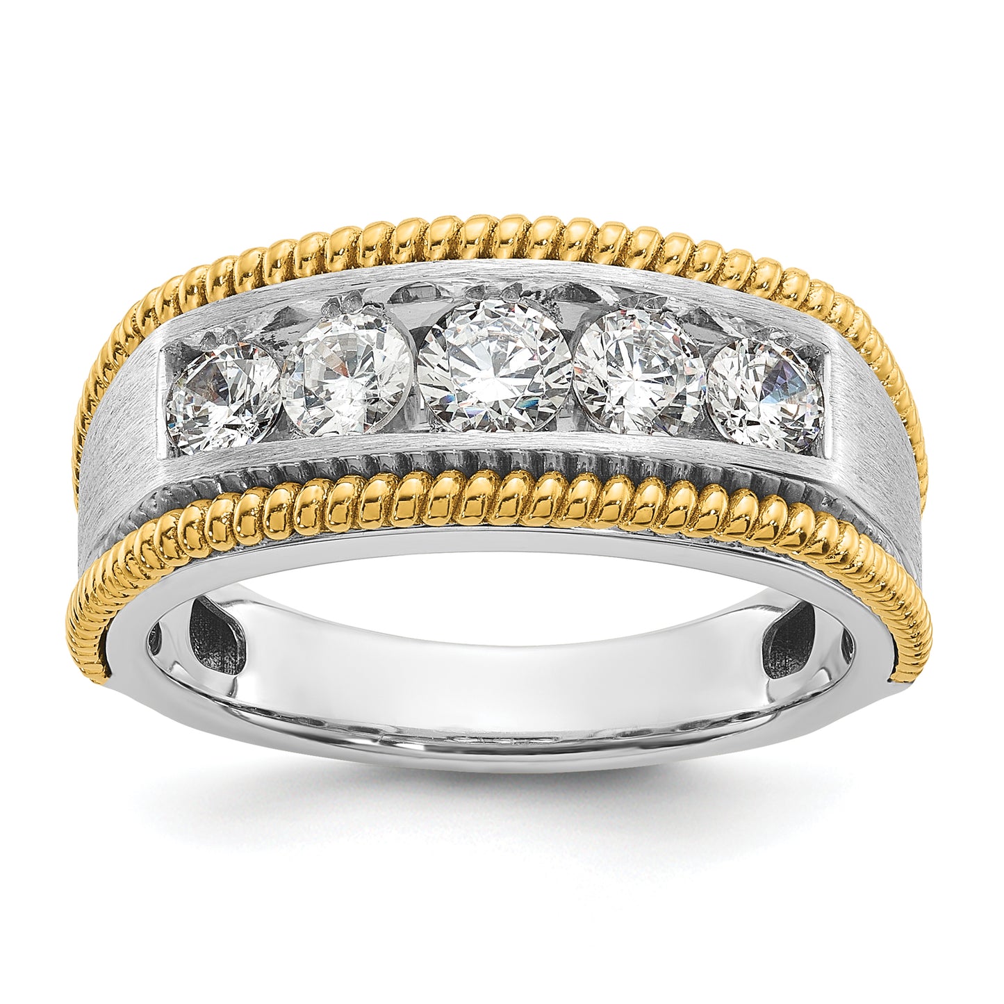 14k Two-tone Two Tone 1 Ct. Lab Grown Diamond VS/SI+ G+ Five Stone Polished Satin and Textured Men's Ring