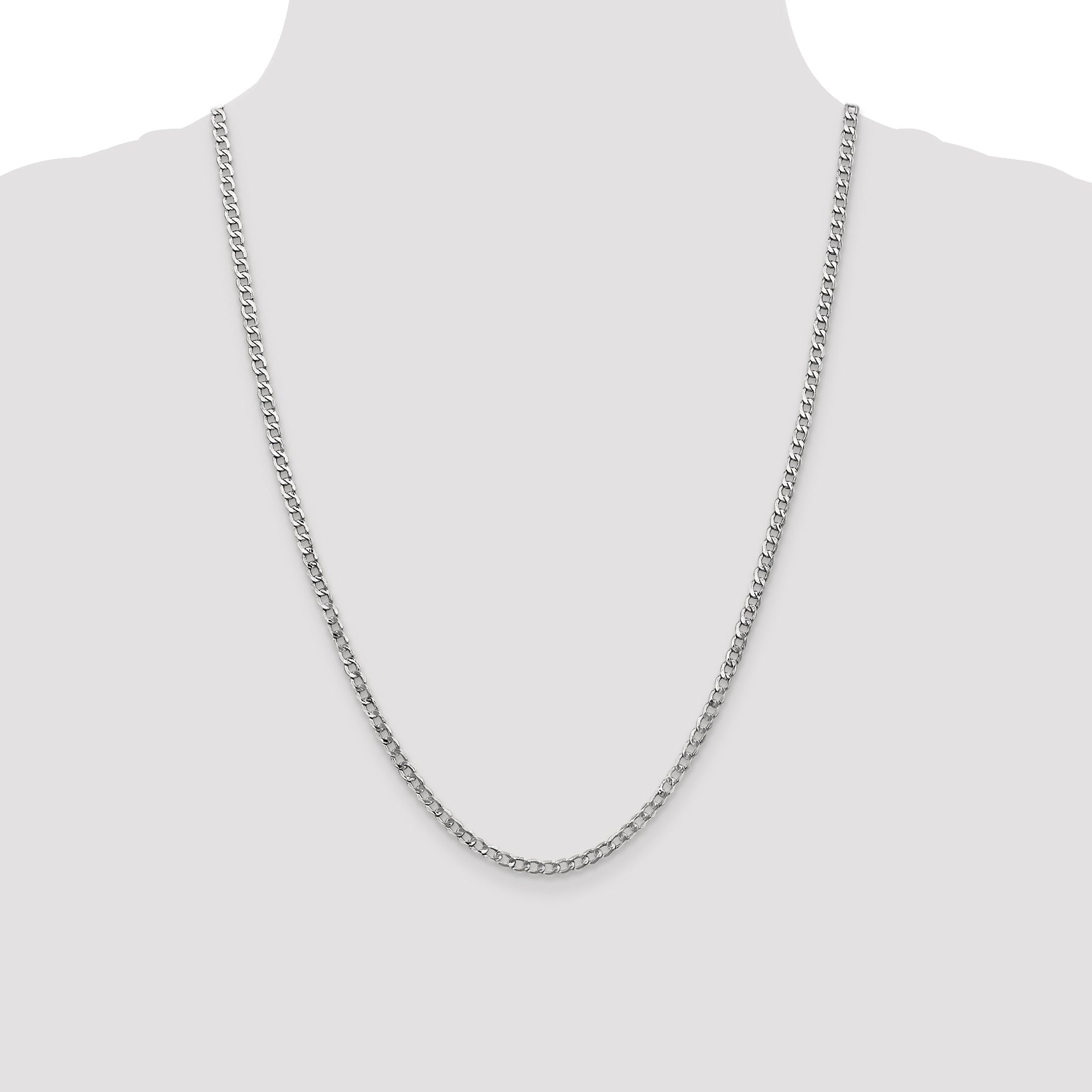 14K White Gold 24 Inch 3.35mm Semi-Solid Curb With Lobster Clasp Chain Necklace