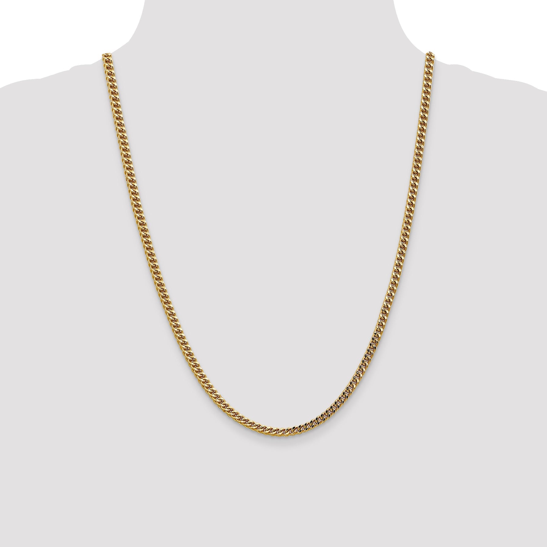 14K Yellow Gold 24 Inch 3.7mm Semi-Solid Franco With Fancy Lobster Clasp Chain Necklace