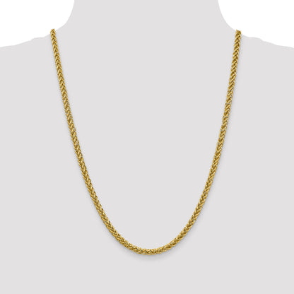 14K Yellow Gold 24 Inch 4.65mm Semi-Solid 3-Wire Wheat With Lobster Clasp Chain Necklace