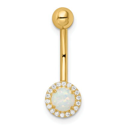 14K Yellow Gold 14 Gauge Created Opal And Cz Belly Ring