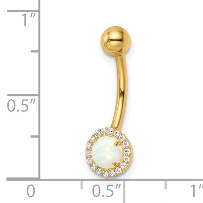 14K Yellow Gold 14 Gauge Created Opal And Cz Belly Ring