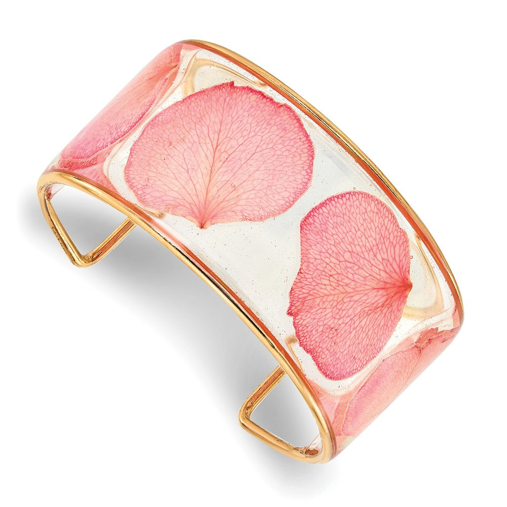 Fashion 24K Gold-Trim Pink Real Rose Petal Cuff Bangle Bracelet