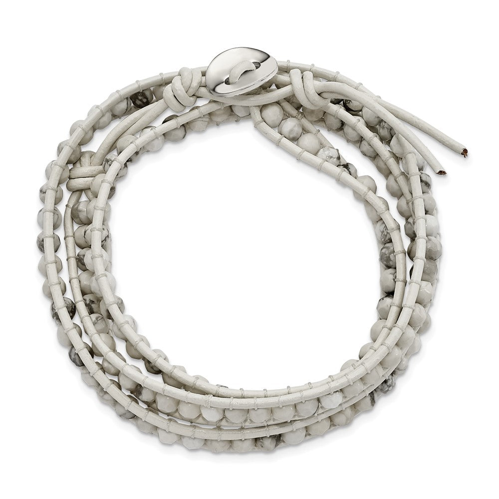 21 Inch White Howlite Beaded And Leather Multi-Wrap Bracelet