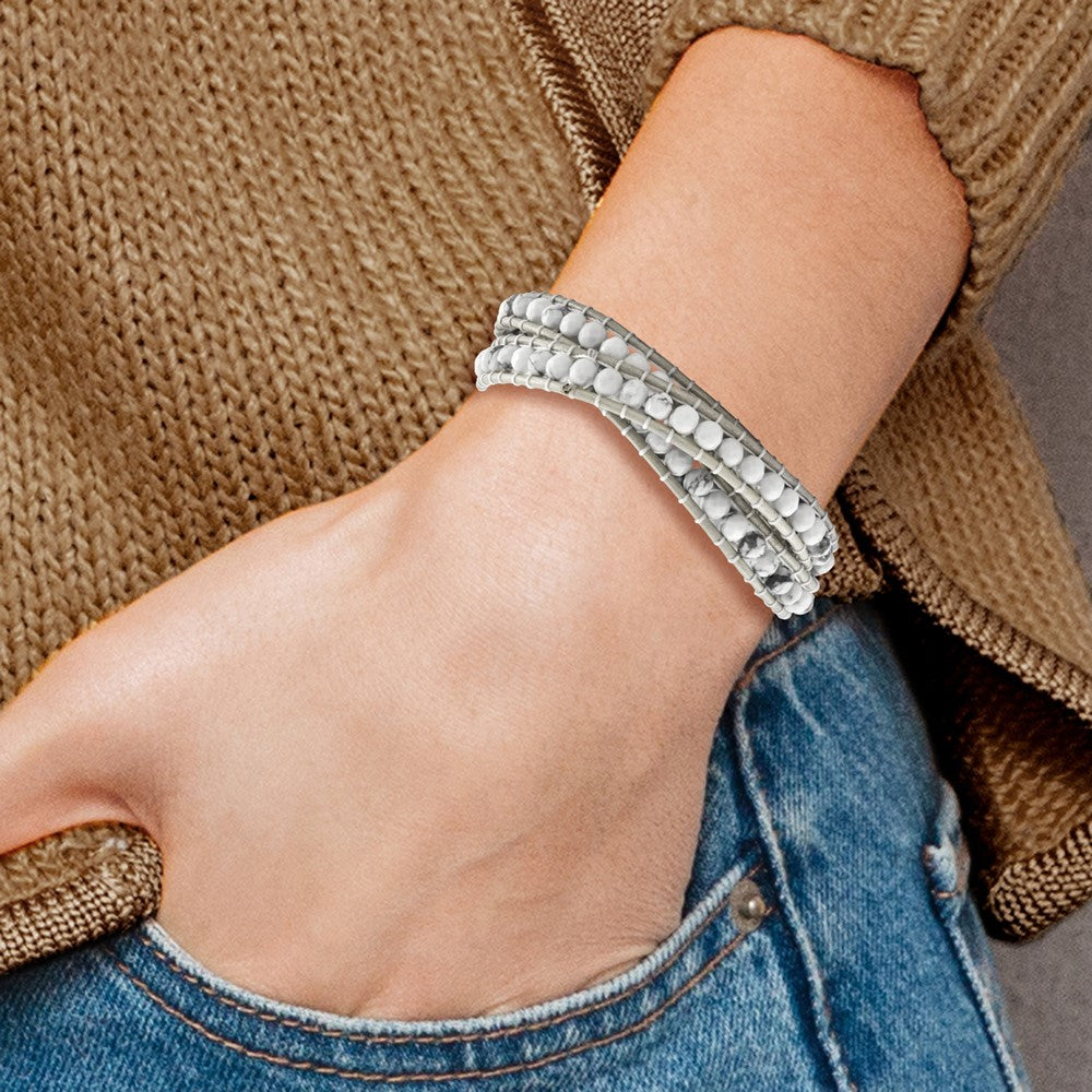21 Inch White Howlite Beaded And Leather Multi-Wrap Bracelet