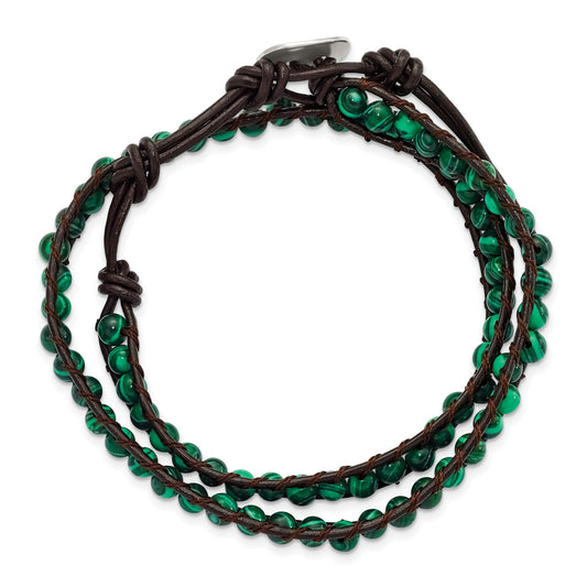 13 Inch 6mm Green Malachite Beads Leather Cord Multi Wrap Bracelet