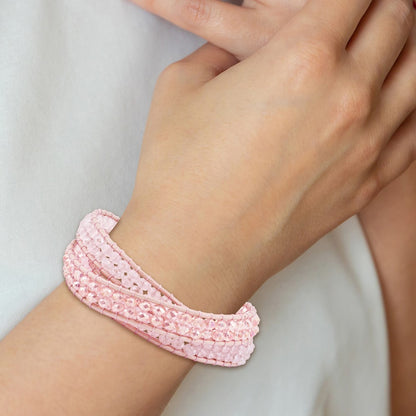 20 Inch Pink Leather Rose Quartz Beaded Multi Wrap Brass Button Bracelet