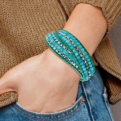 13 Inch Leather Blue Zircon Quartz/Crystal Multi Wrap Brass Button Bracelet