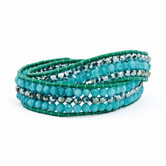 13 Inch Leather Blue Zircon Quartz/Crystal Multi Wrap Brass Button Bracelet