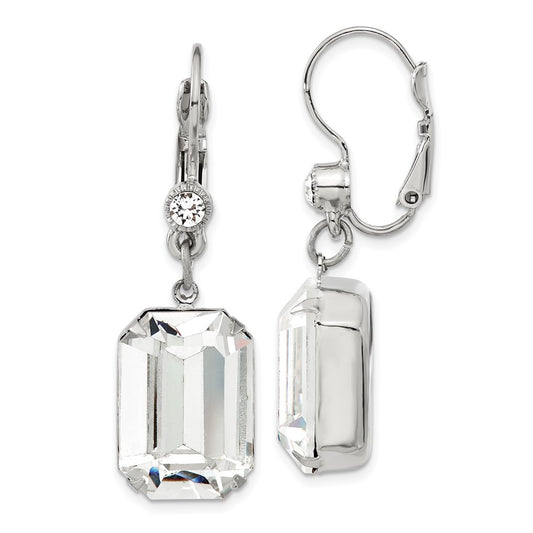 Fashion 1928 Jewelry Silver-Tone Clear Emerald Cut Crystals From Swarovski Dangle Leverback Earrings