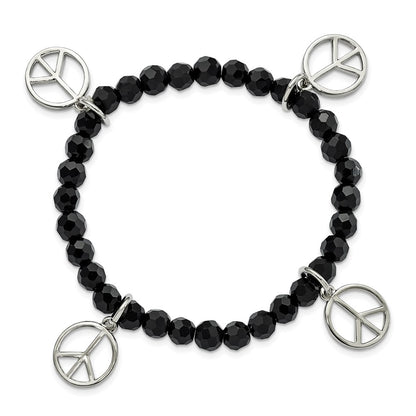 Fashion 1928 Jewelry Silver-Tone Peace Charms On Jet Black Crystal Faceted Beaded Stretch Bracelet