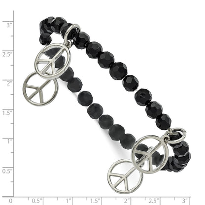 Fashion 1928 Jewelry Silver-Tone Peace Charms On Jet Black Crystal Faceted Beaded Stretch Bracelet