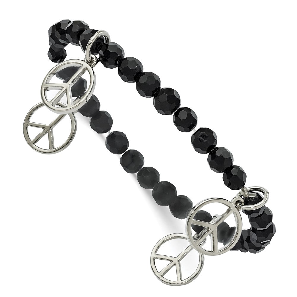 Fashion 1928 Jewelry Silver-Tone Peace Charms On Jet Black Crystal Faceted Beaded Stretch Bracelet