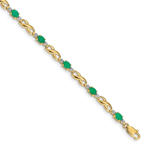 10K Yellow Gold Diamond And Oval Emerald Bracelet