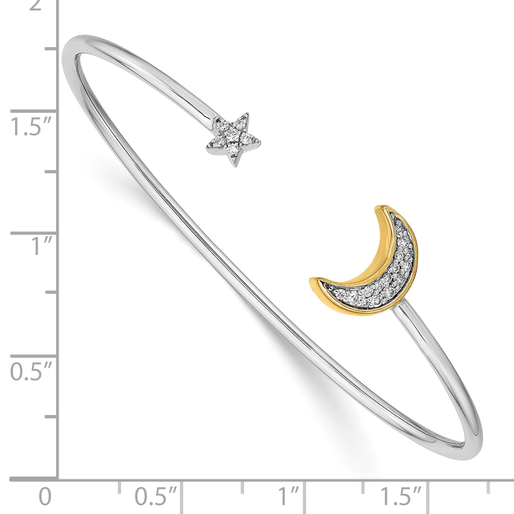 14K Two Tone Complete 1/6 Carat Diamond Moon And Star Cuff Bangle Bracelet