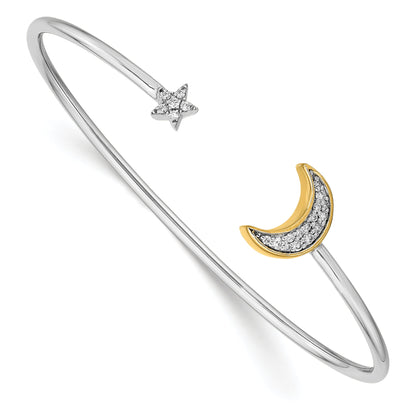 14K Two Tone Complete 1/6 Carat Diamond Moon And Star Cuff Bangle Bracelet