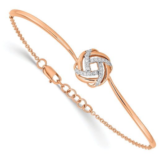 14K Rose Gold Polished Complete 1/8 Carat Diamond Love Knot Half Bangle 7 Inch Bracelet With 0.5 Extender