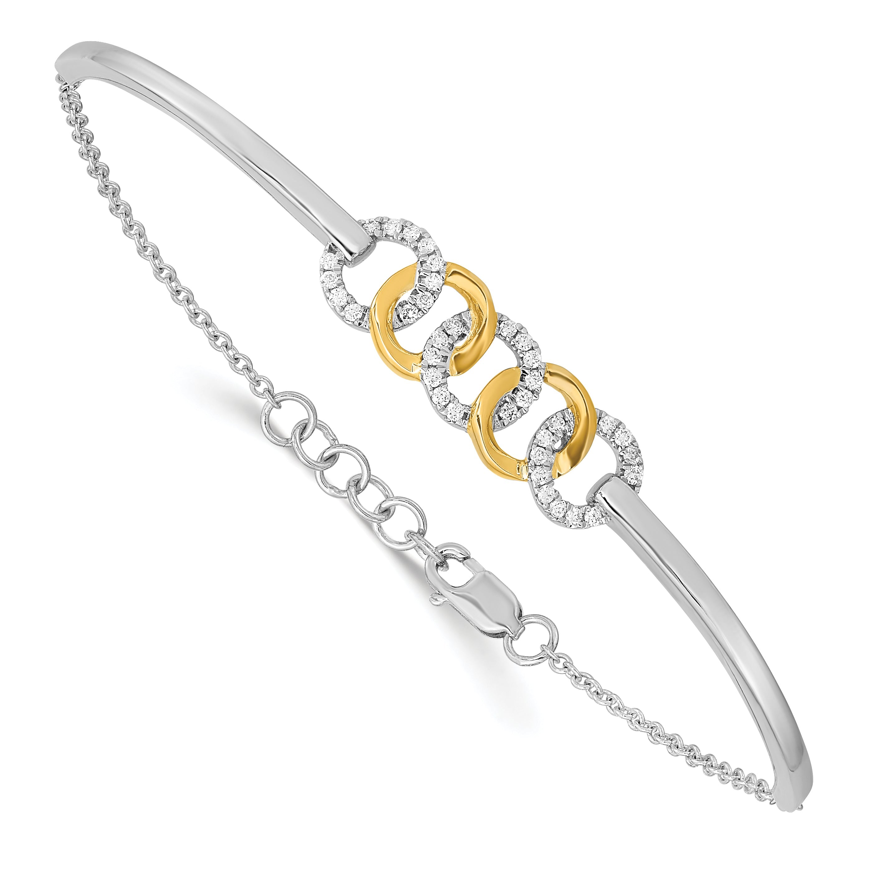 14K Two Tone Polished Complete 1/5 Carat Diamond Circles Half Bangle 7 Inch Bracelet With 0.5 Extender