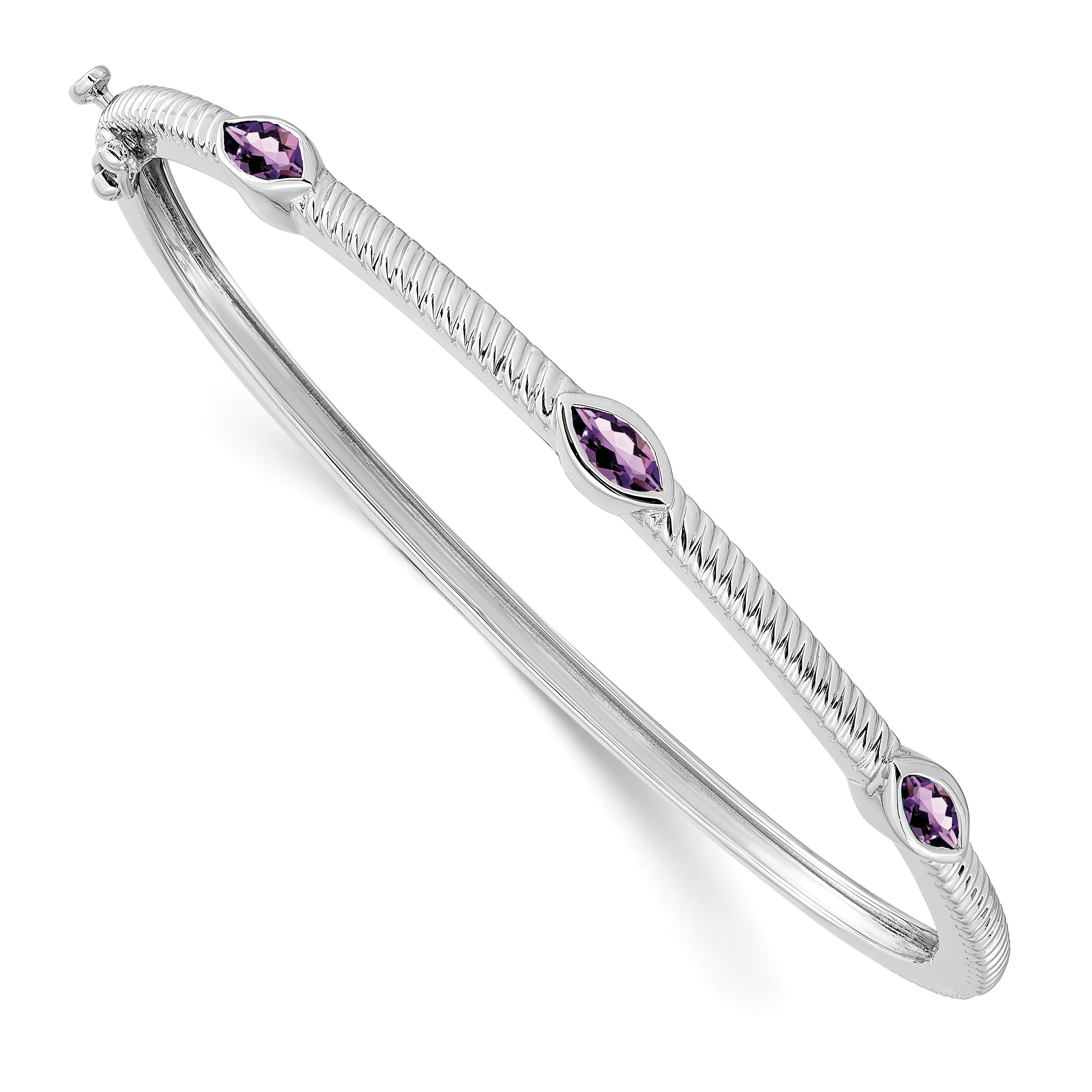 10K White Gold Marquise Amethyst 3 Stone Bangle