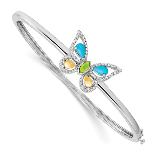 14K White Gold Turquoise/Peridot/Citrine/Wh. Topaz Butterfly Bangle