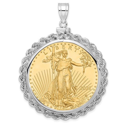 14K White Gold 14Kw 1Oz Mounted American Eagle Coin Screw Top Rope Pol Bezel Pendant