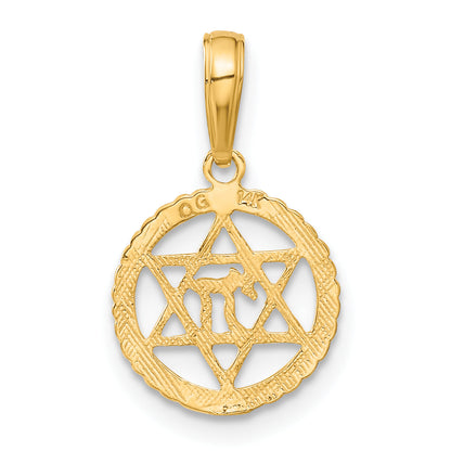 14K Yellow Gold Star Of David And Chai In Circle Pendant