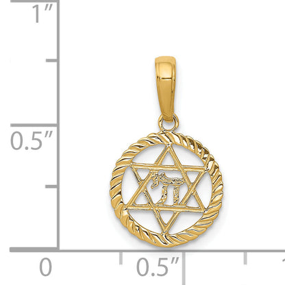 14K Yellow Gold Star Of David And Chai In Circle Pendant