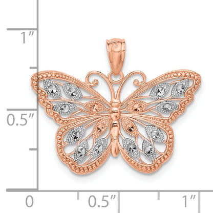 14K Rose Gold Rhodium Diamond Cut Butterfly Pendant