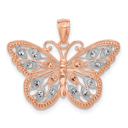 14K Rose Gold Rhodium Diamond Cut Butterfly Pendant