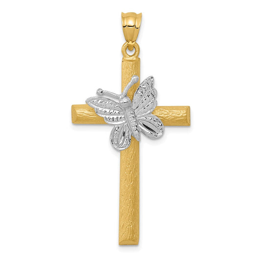 14k Two-tone Gold Cross w/Butterfly Pendant