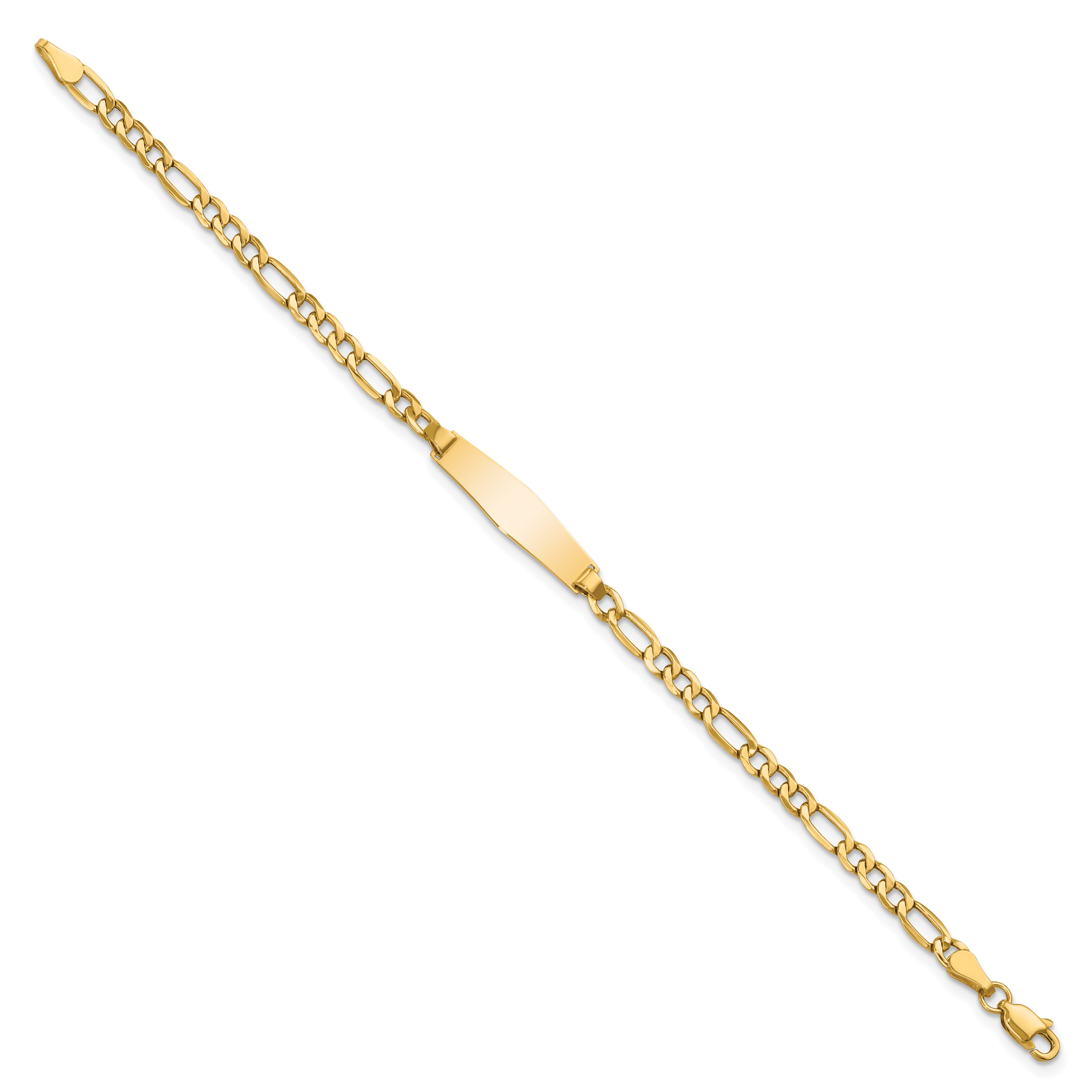 14K Yellow Gold Polished Semi Solid Chain/Solid Plate Figaro Link Soft Diamond Shape 19.5X5.5mm 7 Inch Id Bracelet