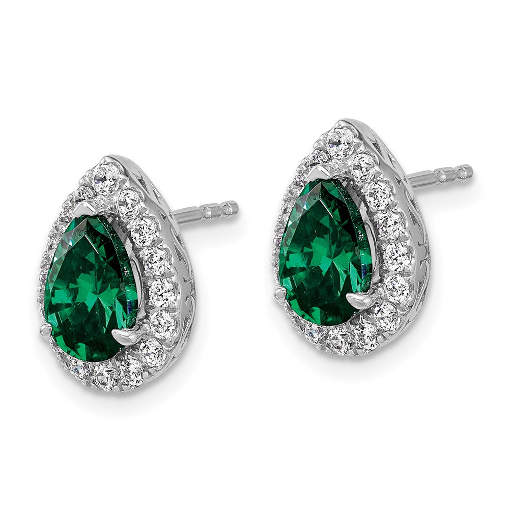 14K White Gold Lab Grown VS/SI FGH Diamond and Created Emerald Pear Post Earrings