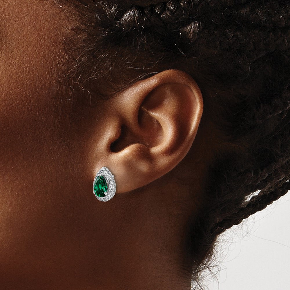 14K White Gold Lab Grown VS/SI FGH Diamond and Created Emerald Pear Post Earrings