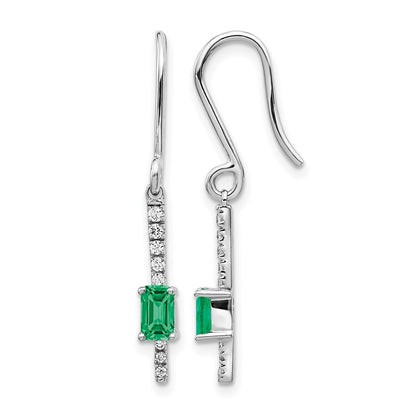 14k White Gold 1/8 Ct. Lab Grown Diamond VS/SI+ G+ and Created Emerald Sheppards Hook Earrings